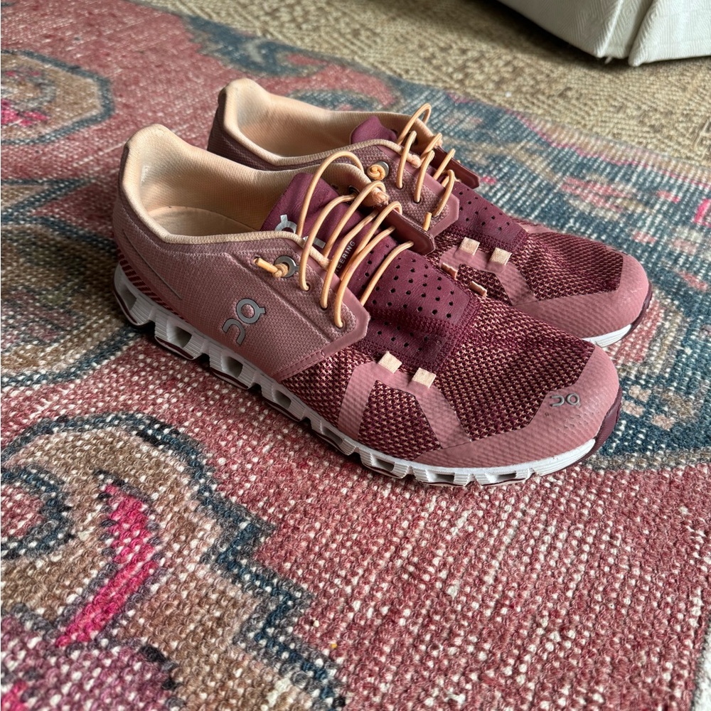 On Running Women's Maroon and Peach Sneakers